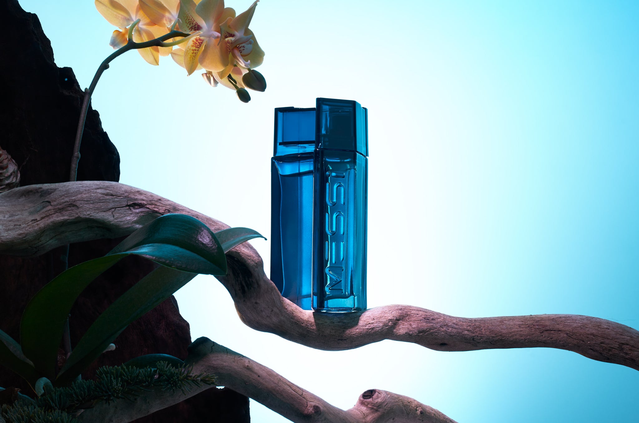 Messi Eau de Parfum bottle held by a branch with a yellow flower in the background, set against a bright blue backdrop.